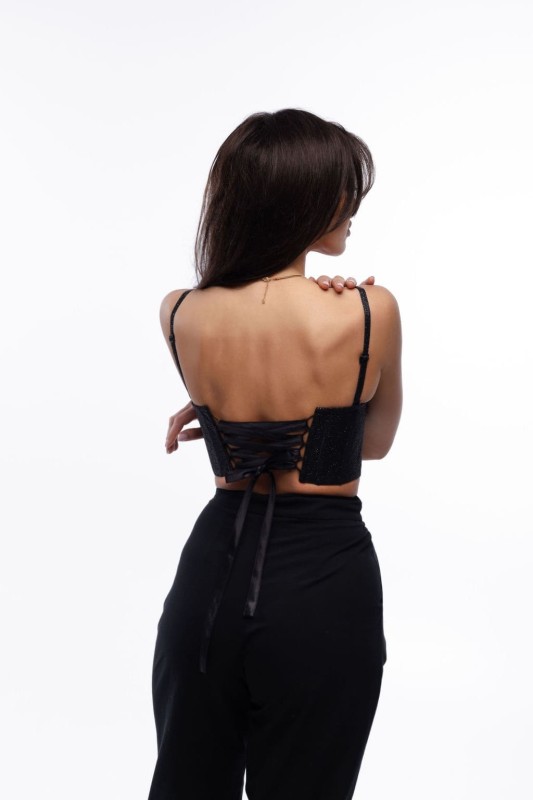 Czarny gorset z brokatowej tkaniny - Szarecka.com