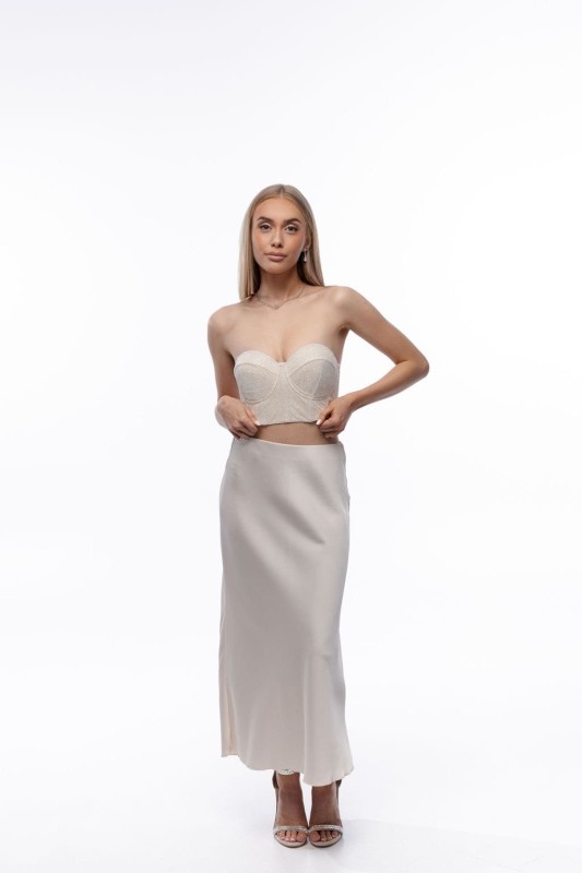 Krótki gorset z mlecznej tkaniny brokatowej - Szarecka.com